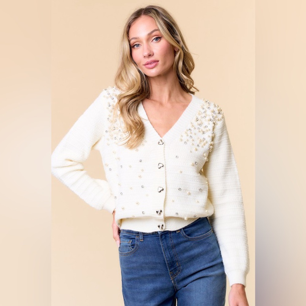 Rhinest and Pearl Embellished Cardigan in Ivory